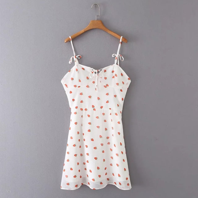 Strawberry print white chiffon boho summer maxi dress with spaghetti straps and sleeveless design by The Clothing Company Sydney.