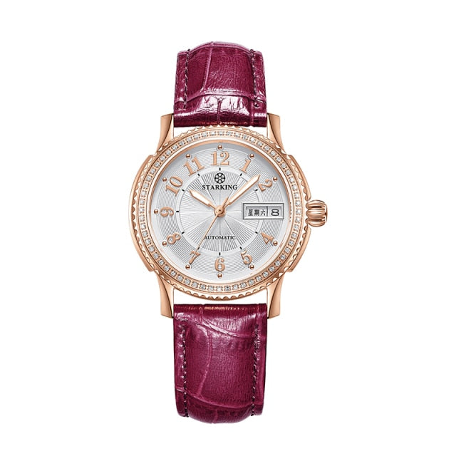 Ladies stainless steel wristwatch with sapphire crystal, automatic self-wind Miyota movement, and bracelet design.