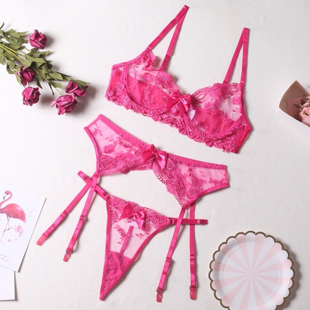 Floral embroidery lace lingerie set with transparent bra and matching briefs, featuring underwire support from The Clothing Company Sydney.