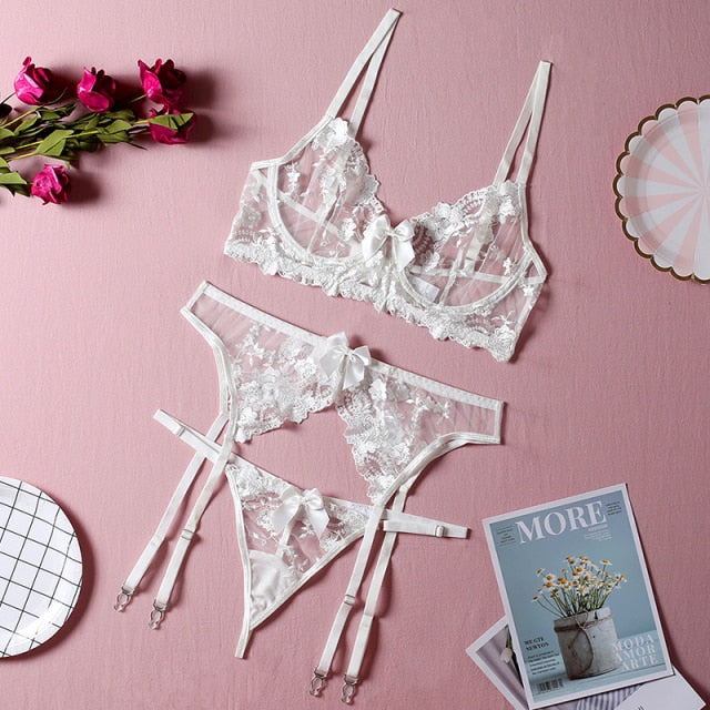 Floral embroidery lace lingerie set with transparent underwear, underwire bra, and briefs from The Clothing Company Sydney.