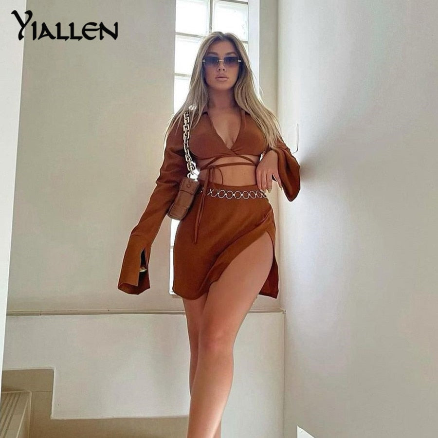 Summer V Neck Long Sleeve Lace Up Short Top And High Waist Mini Skirt Sexy Street Two Piece Set The Clothing Company Sydney