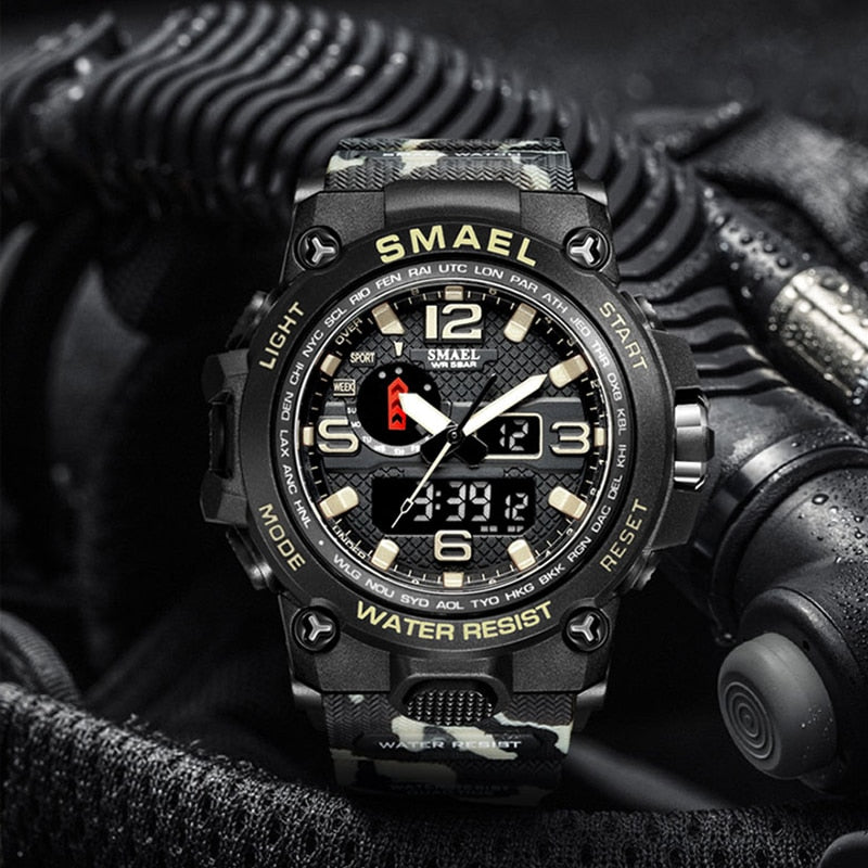 Water-resistant 50M men's military-style quartz wristwatch with dual display and alarm from The Clothing Company Sydney.