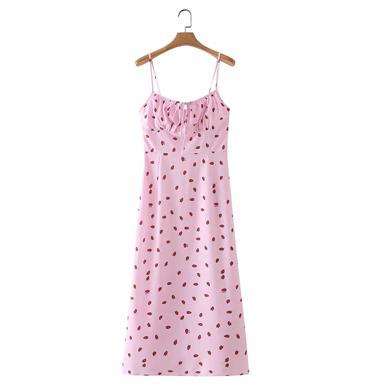 White chiffon boho maxi dress with strawberry print, spaghetti straps, sleeveless design, perfect for summer beachwear by The Clothing Company Sydney.