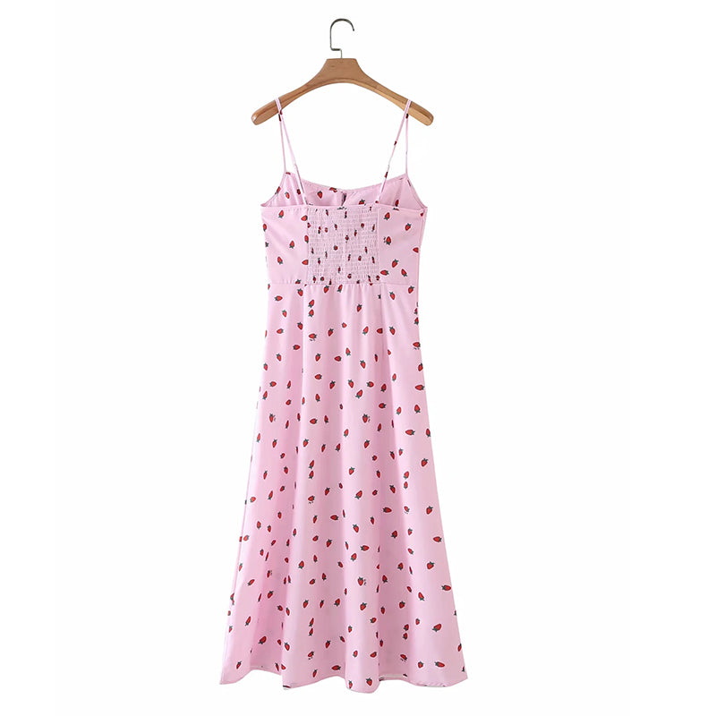 Strawberry print white chiffon boho summer maxi dress with spaghetti straps, sleeveless vintage beach sundress by The Clothing Company Sydney