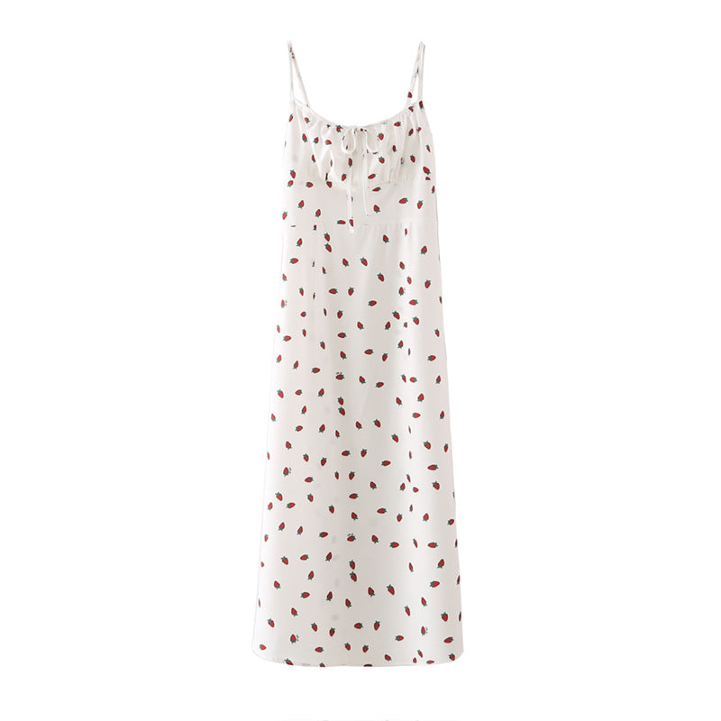 Strawberry print white chiffon boho summer maxi dress with spaghetti straps, sleeveless design, vintage style by The Clothing Company Sydney
