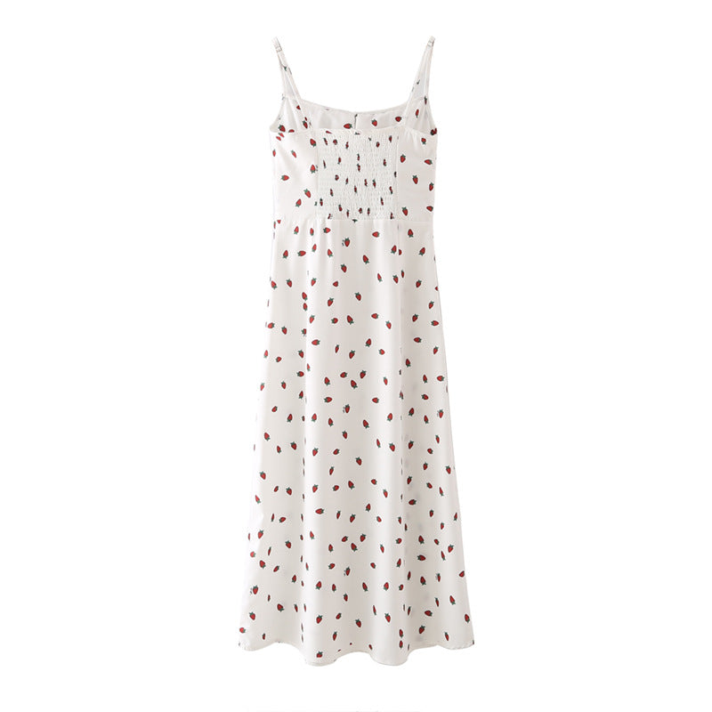 Strawberry print white chiffon boho summer maxi dress with spaghetti straps, sleeveless design, vintage style from The Clothing Company Sydney