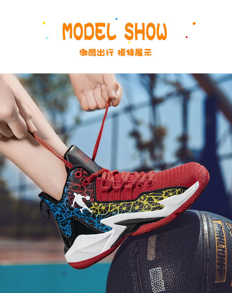 Kids' basketball shoes by The Clothing Company Sydney, non-slip outdoor sneakers for boys and girls, ideal for sports and active play.