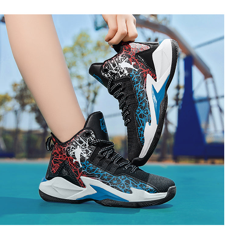 Kids' basketball sneakers by The Clothing Company Sydney, non-slip outdoor trainers for boys and girls on a basketball court.