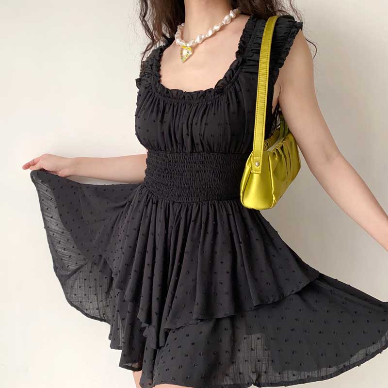 Boho-inspired mini summer dress with shirred ruffled neckline, tiered design, puff sleeves, made of rayon by The Clothing Company Sydney