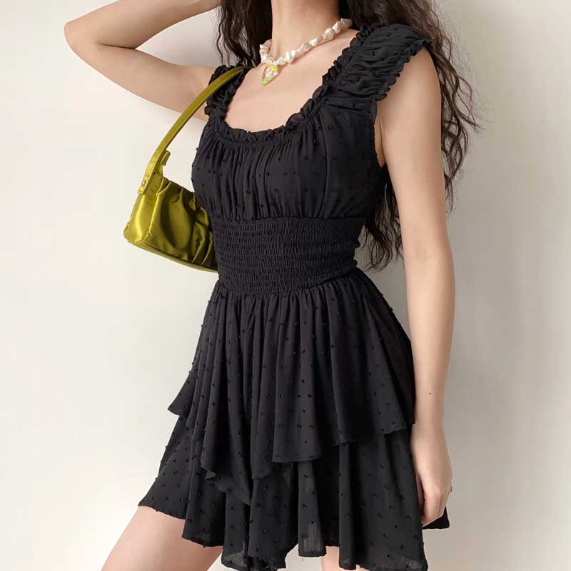 Boho-inspired mini summer dress with shirred ruffled neckline, tiered design, puff sleeves, made of rayon by The Clothing Company Sydney