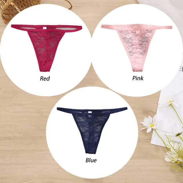 Three lace floral thong panties from The Clothing Company Sydney, low-waist G-strings, shown in a perspective view.