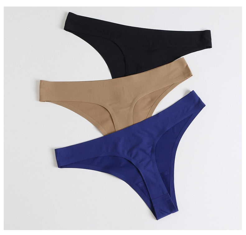 Three seamless satin G-string underwear briefs from The Clothing Company Sydney, featuring smooth, comfortable lingerie underpants.