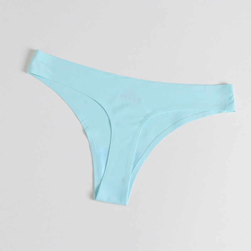 Three pairs of satin seamless G-string underwear from The Clothing Company Sydney, showing soft fabric and minimal design.