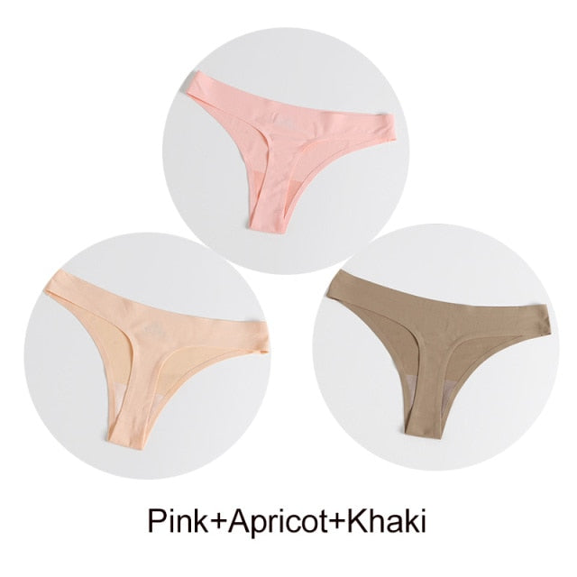 Three seamless satin G-string underwear briefs from The Clothing Company Sydney, featuring comfortable lingerie underpants.