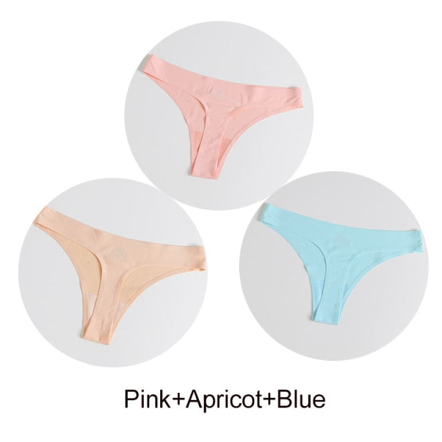 Three-pack of satin seamless G-string panties from The Clothing Company Sydney, showing smooth, lightweight lingerie underpants.