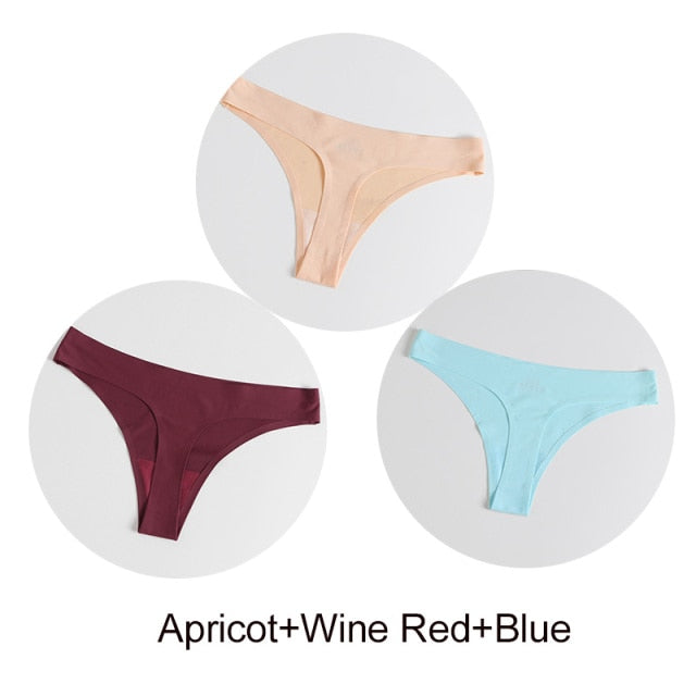 Three seamless satin G-string underwear from The Clothing Company Sydney, featuring comfortable, smooth lingerie briefs and thongs.