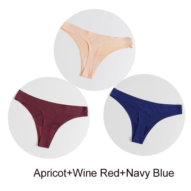 Three-pack of satin seamless G-string underwear from The Clothing Company Sydney, soft lingerie briefs and thong underpants.