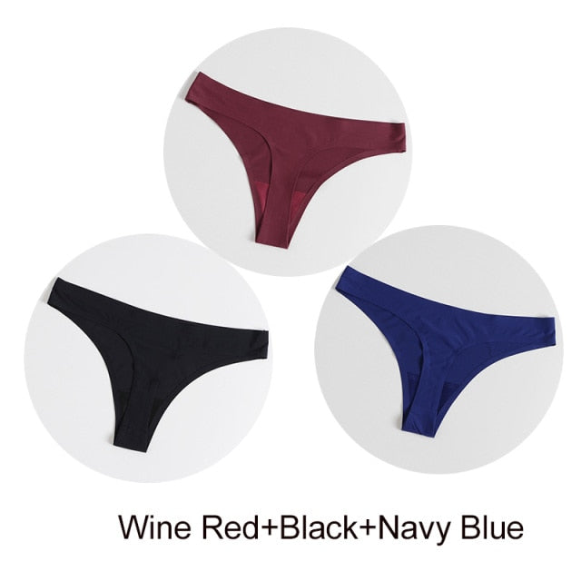 Three pairs of satin seamless G-string underwear from The Clothing Company Sydney, featuring comfortable lingerie briefs and thong styles.
