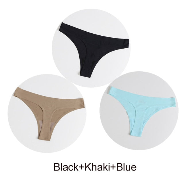 Three-pack of satin seamless G-string underwear from The Clothing Company Sydney, featuring comfortable lingerie briefs and thong styles.