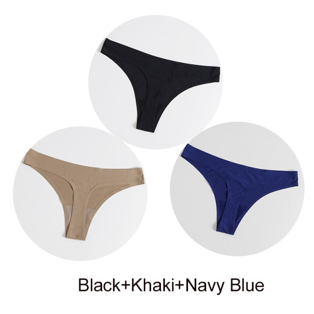 Three-pack of satin seamless G-string underwear from The Clothing Company Sydney, featuring comfortable, smooth lingerie briefs and thong panties.