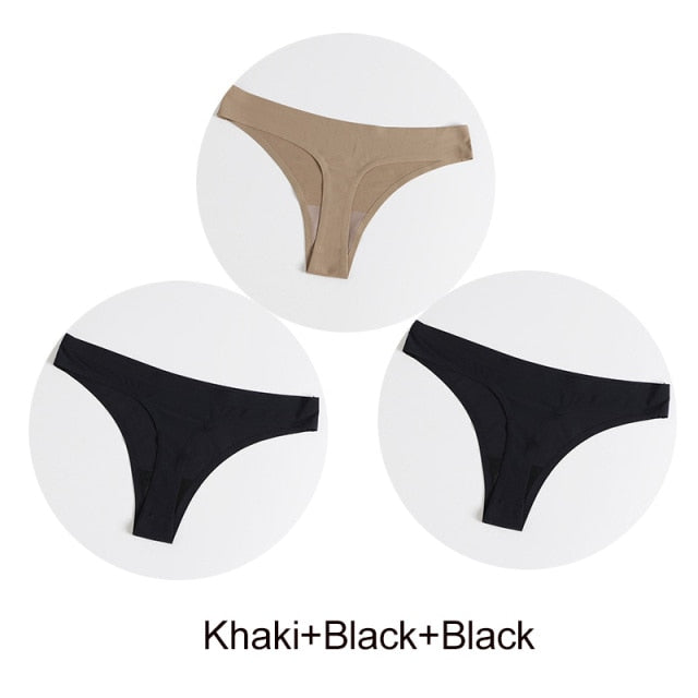 Three-pack of satin seamless G-string underwear from The Clothing Company Sydney, featuring smooth, comfortable lingerie briefs and thongs.