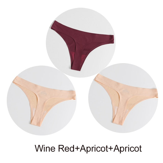 Three pack of satin seamless G-string panties from The Clothing Company Sydney, featuring stylish lingerie underpants and briefs.