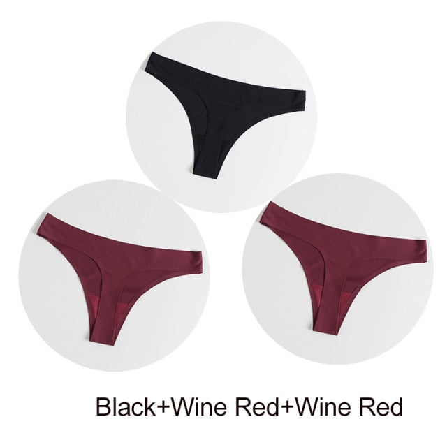 Three seamless satin G-strings from The Clothing Company Sydney, featuring smooth fabric and delicate thong design.