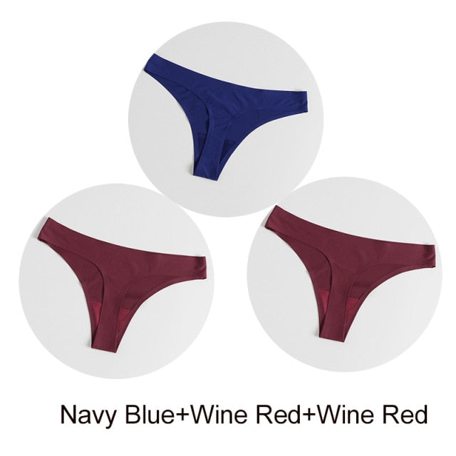 Three-pack of satin seamless G-string underwear from The Clothing Company Sydney, featuring smooth, lightweight lingerie briefs and thongs.