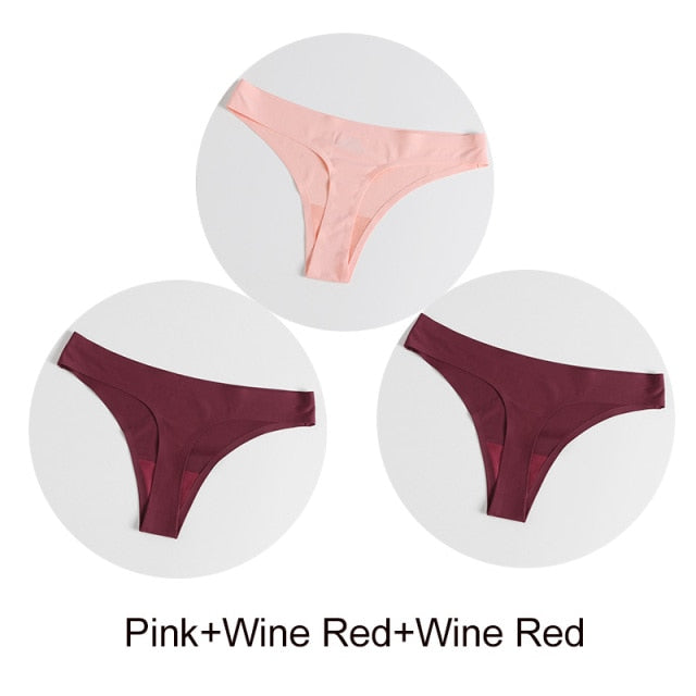 Three seamless satin G-string underwear panties in a pack, featuring smooth, lightweight lingerie briefs and thong design.