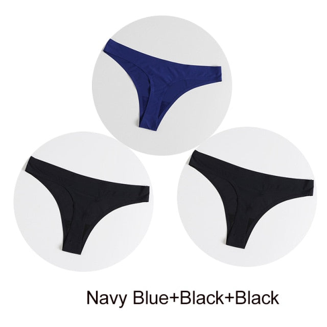 Three seamless satin G-string panties from The Clothing Company Sydney, showing smooth, lightweight lingerie with slim fit.