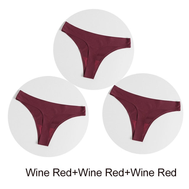 Three-pack of satin seamless G-string underwear from The Clothing Company Sydney, featuring comfortable, smooth lingerie briefs and thongs.