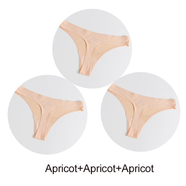 Three-pack of seamless satin G-string underwear from The Clothing Company Sydney, featuring comfortable, smooth lingerie briefs and thongs.
