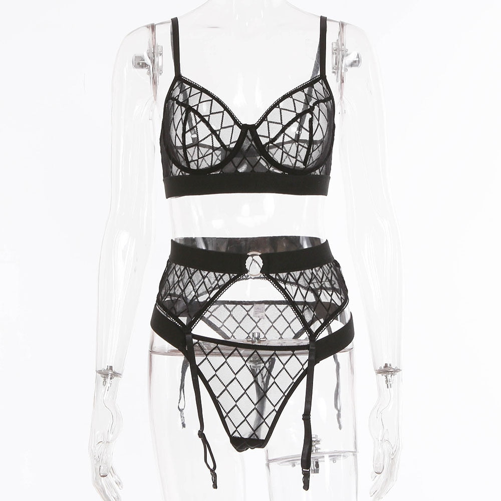 Black plaid lingerie set with lace bras and panties, includes garter belt, from The Clothing Company Sydney.