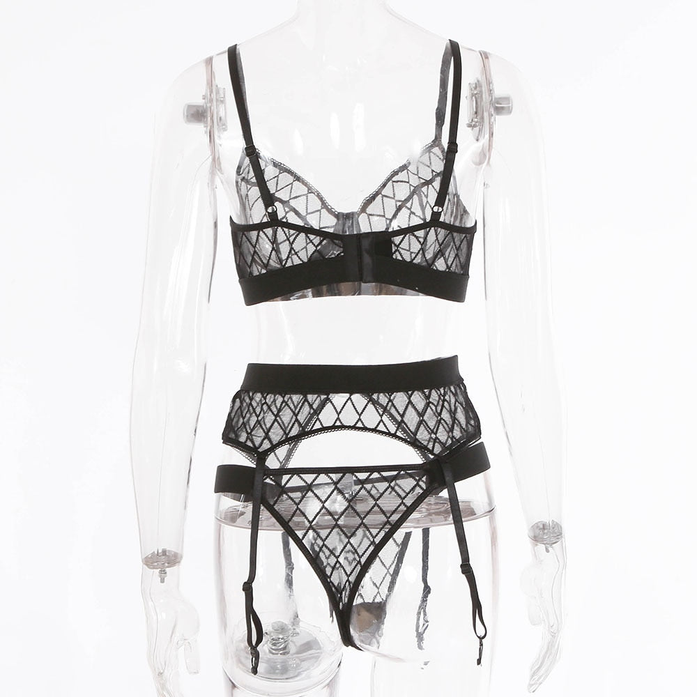 Black plaid underwear brief set with lace bras and panties, transparent lingerie with garters, by The Clothing Company Sydney.