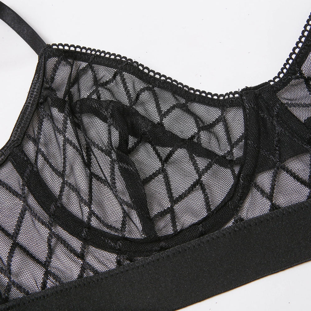 Black plaid underwear brief set with lace bra and panty, featuring transparent garter lingerie from The Clothing Company Sydney.