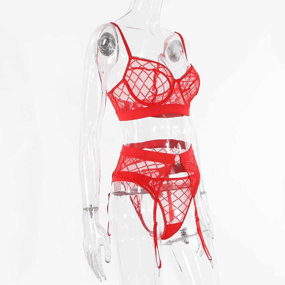 Black plaid underwear brief set with lace bra and panty, featuring garter and transparent lingerie details from The Clothing Company Sydney.