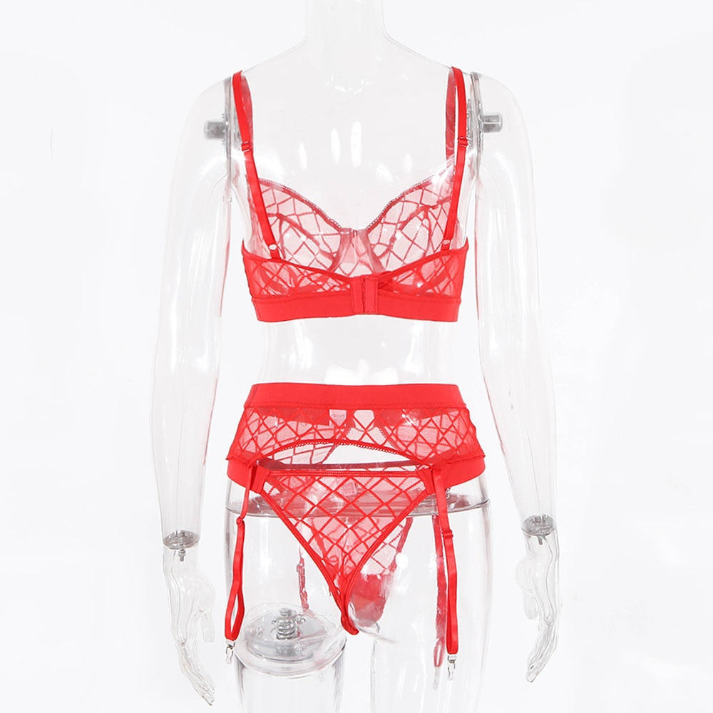 Black plaid lingerie set with lace bras and panties, including garters, from The Clothing Company Sydney.