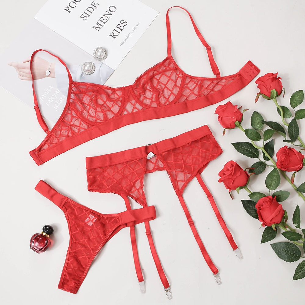 Black plaid underwear brief set with lace bra and panty, transparent lingerie with garter details from The Clothing Company Sydney.