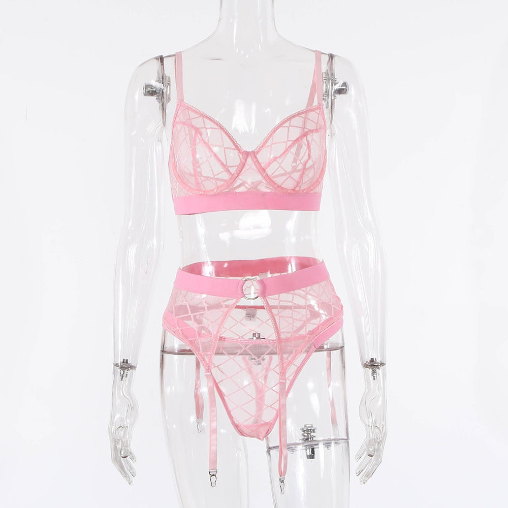 Black plaid lingerie set with lace bras and panties, featuring transparent garter belt, from The Clothing Company Sydney.