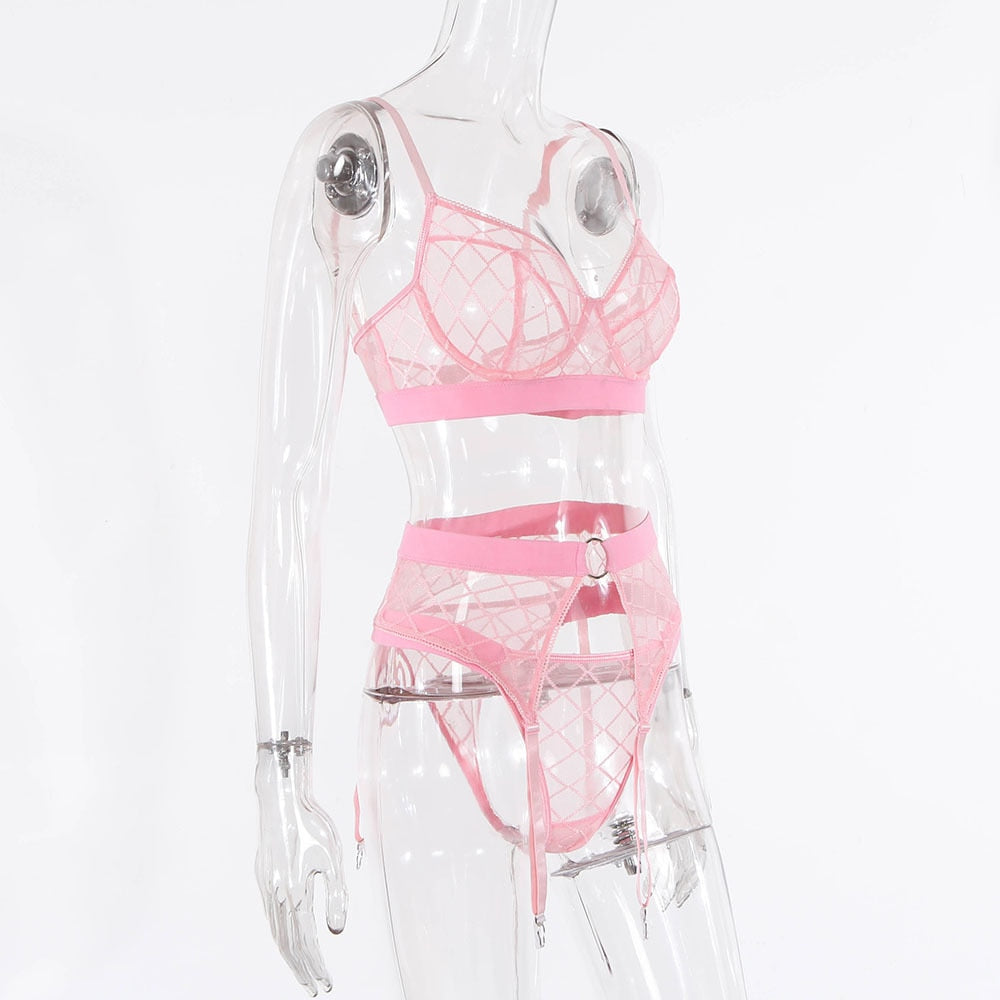 Black plaid underwear brief set with lace bra and panty, includes garter and transparent lingerie accents, from The Clothing Company Sydney.