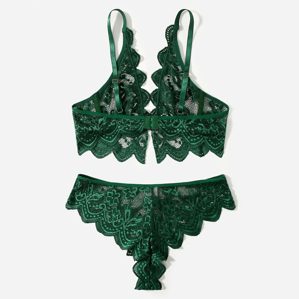 Two-piece lingerie set from The Clothing Company Sydney featuring deep-V lace and see-through seamless briefs.