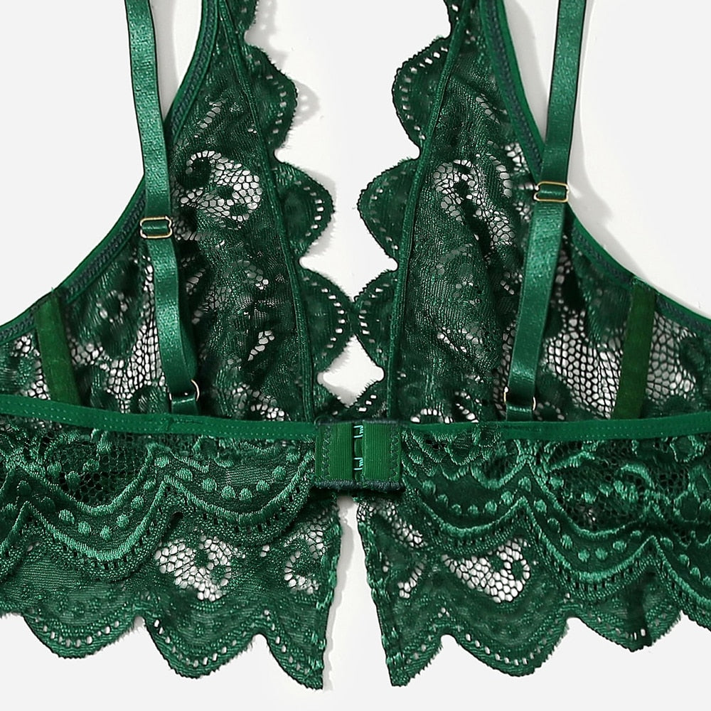 Two-piece lingerie set with deep-V lace and see-through briefs, seamless intimates by The Clothing Company Sydney.