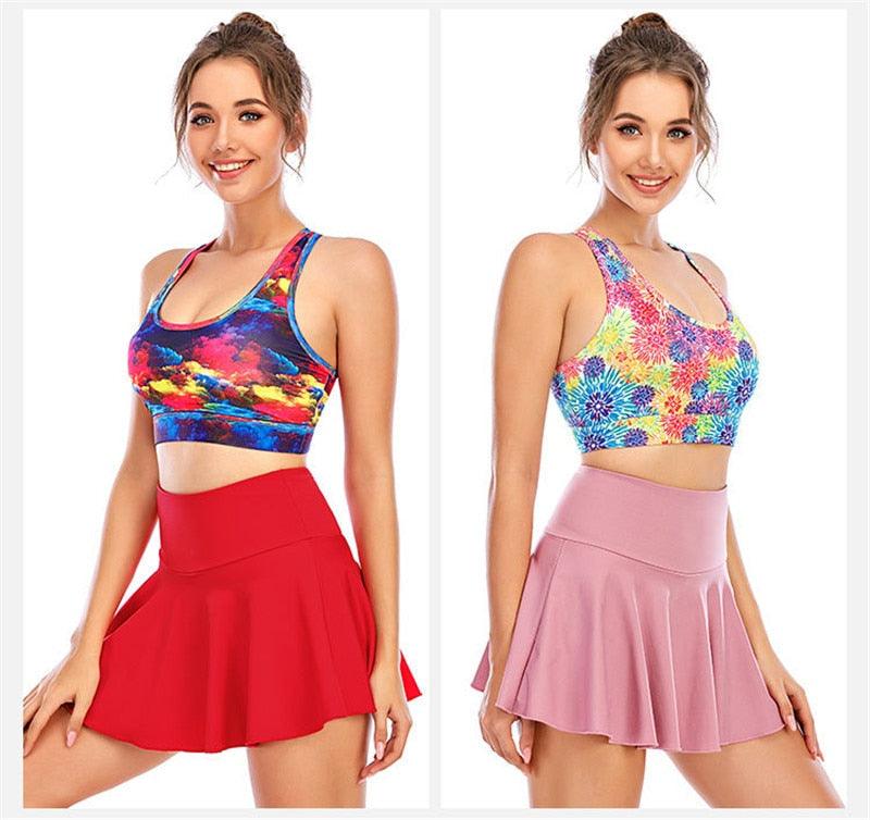 2-in-1 sports gym and tennis skorts by The Clothing Company Sydney, featuring a mini pleated design, suitable for fitness and dance.
