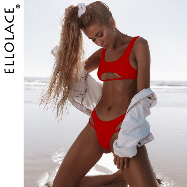 Hollow out high cut swimsuit by The Clothing Company Sydney featuring solid color, fashionable bikini beachwear.