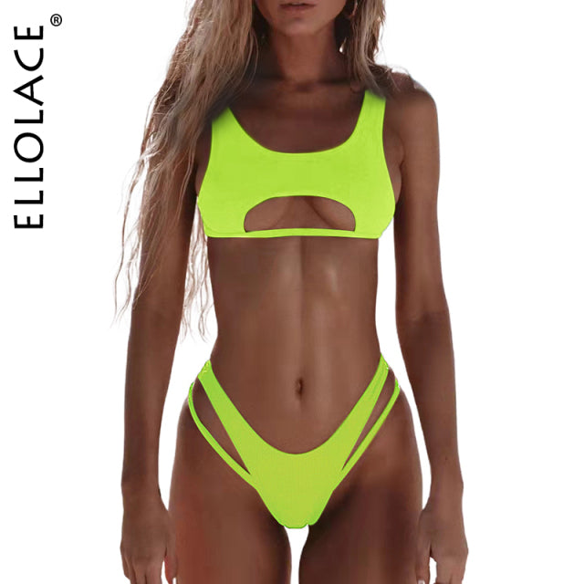 Hollow out high cut solid swimsuit from The Clothing Company Sydney, featuring a stylish bikini set for beachwear.