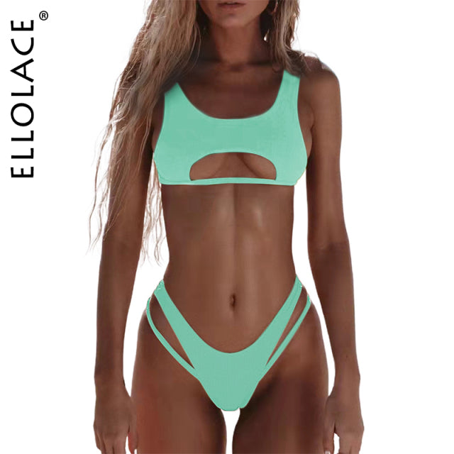 Hollow out high cut solid swimsuit by The Clothing Company Sydney, stylish beachwear bikini set with cut-out design.