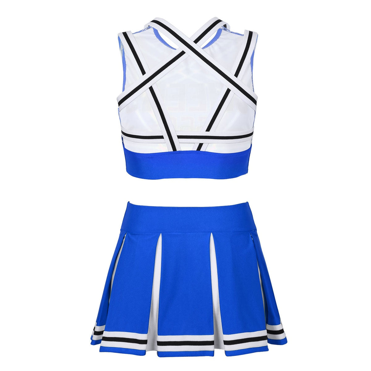 Two-piece cheerleader cosplay costume set featuring lingerie-style uniform with bold colors and playful design for Halloween or costume parties.