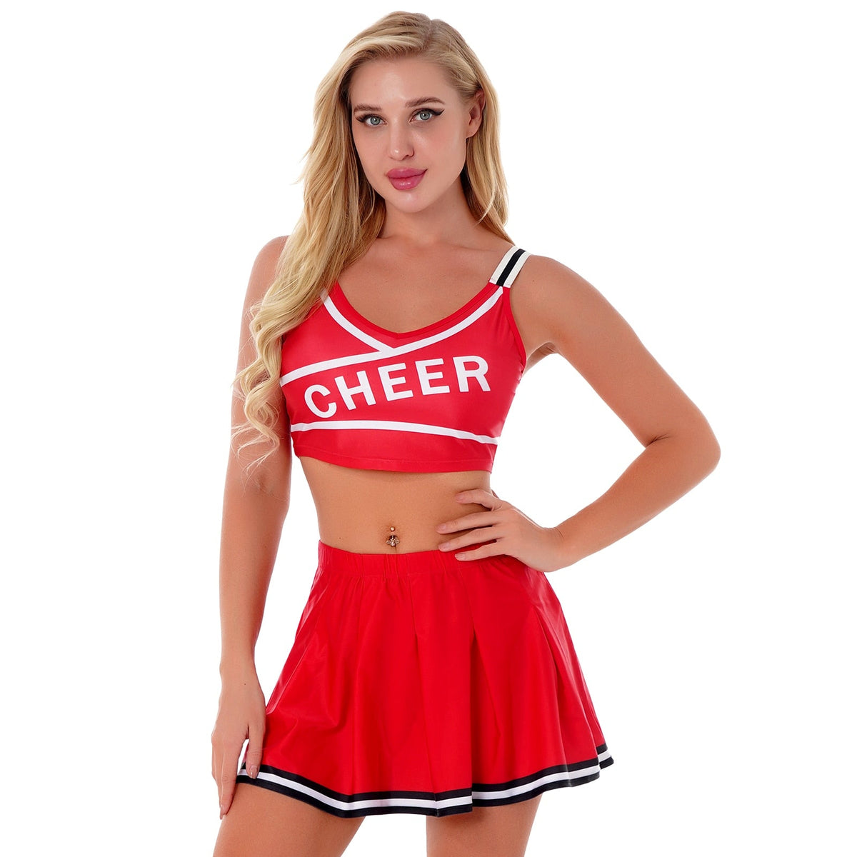Two-piece cheerleader cosplay costume set by The Clothing Company Sydney, featuring lingerie-style uniform for Halloween and novelty wear.