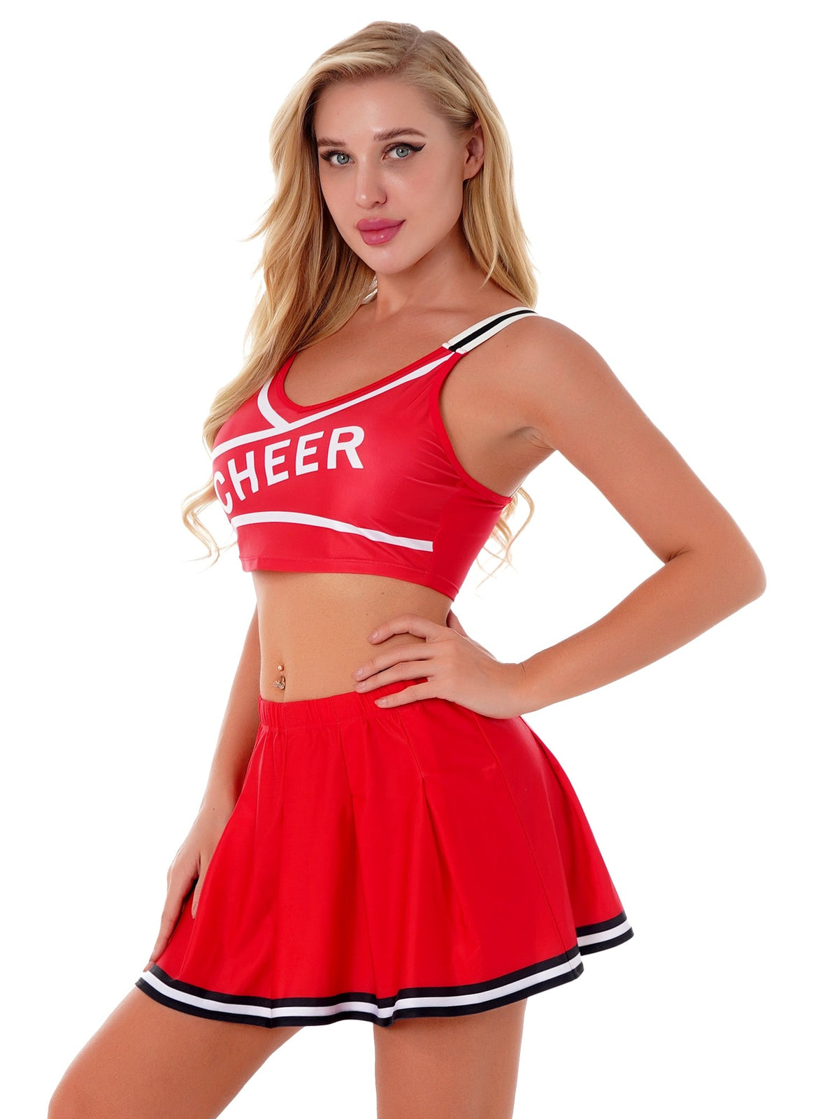 Two-piece cheerleader cosplay lingerie set from The Clothing Company Sydney, featuring a novelty Halloween costume with vibrant colors.