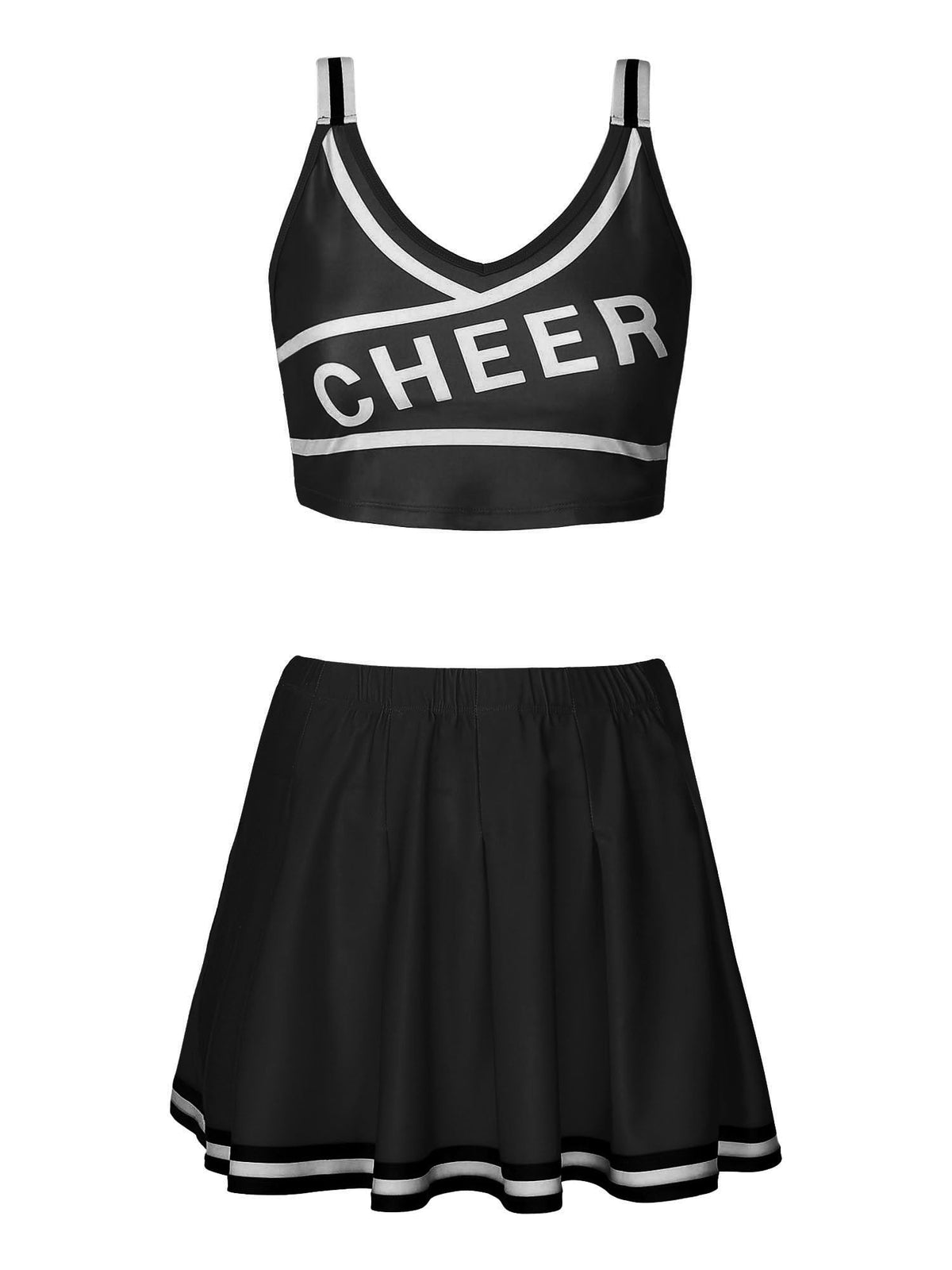 Two-piece cheerleader cosplay lingerie set from The Clothing Company Sydney, featuring a novelty Halloween costume with vibrant details.